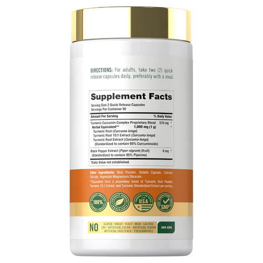 Etiqueta y datos de Cúrcuma Curcumina 1000 mg con Pimienta Negra Carlyle