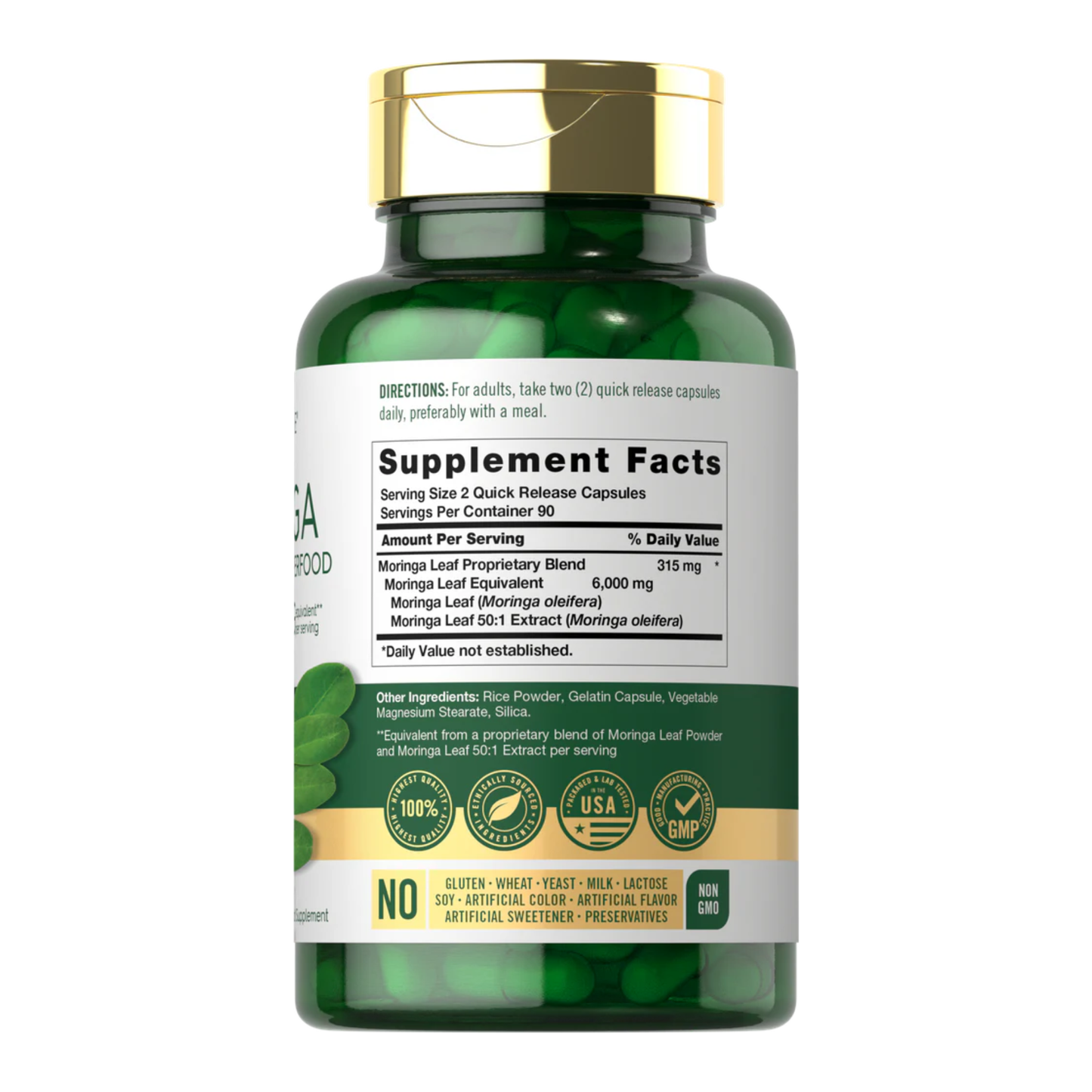 Etiqueta nutricional de Carlyle Moringa Complete Green Superfood 6000mg con información de suplemento, porción de 2 cápsulas y 90 porciones por envase.