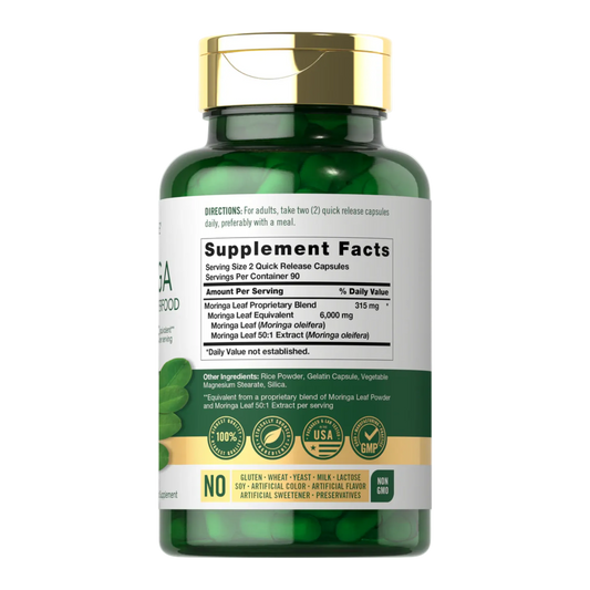 Etiqueta y datos de Moringa Oleifera 6000 mg Carlyle