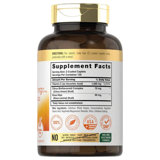 Etiqueta y datos de Vitamina C 1000 mg con Bioflavonoides Carlyle