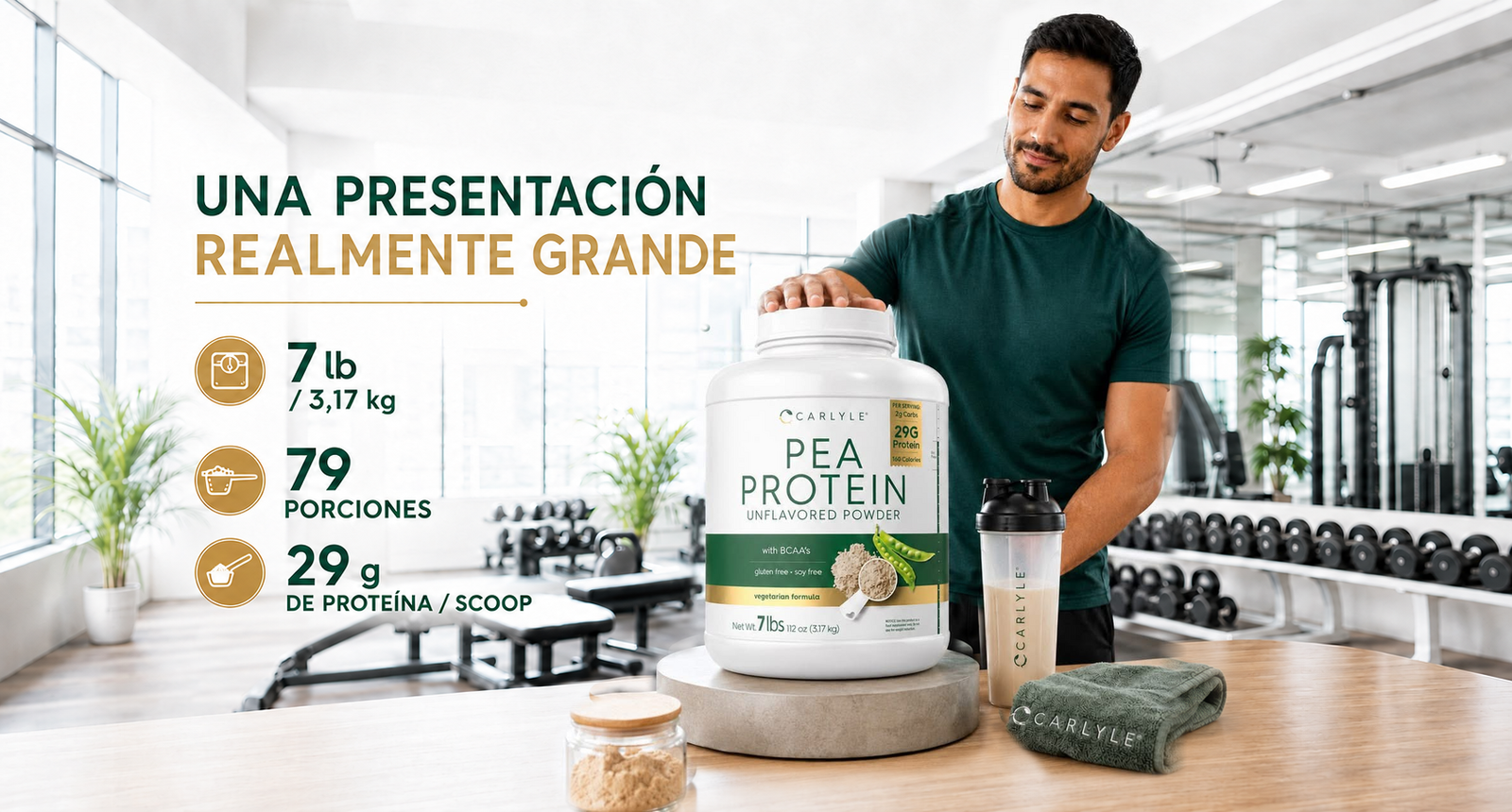 Carlyle Pea Protein 7 lb, 79 porciones y 29 g de proteína por scoop