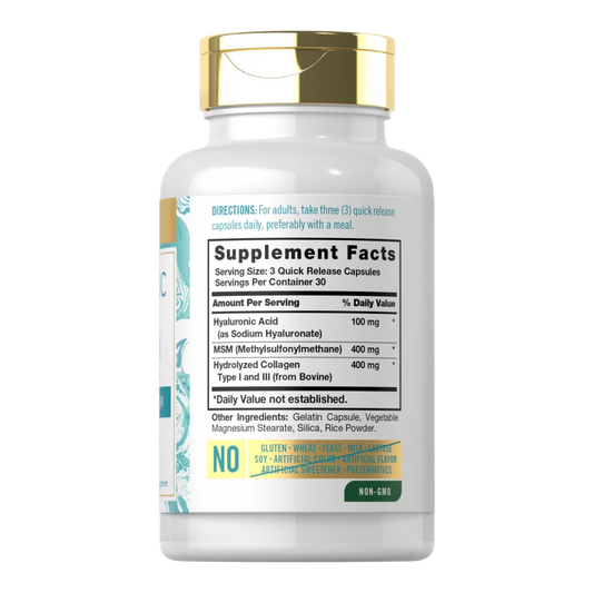 Etiqueta y datos de Ácido Hialurónico con Colágeno y MSM 900 mg Carlyle