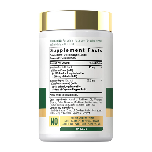 Etiqueta y datos de Ajo Sin Olor con Cayena 1150 mg Carlyle