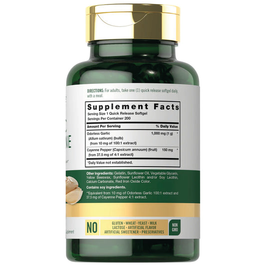 Frasco de Ajo Sin Olor con Cayena 1150 mg Carlyle suplemento para circulación y rutina de bienestar