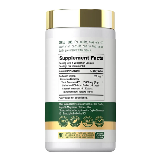 Etiqueta y datos de Berberina con Canela de Ceilán 2000 mg Carlyle