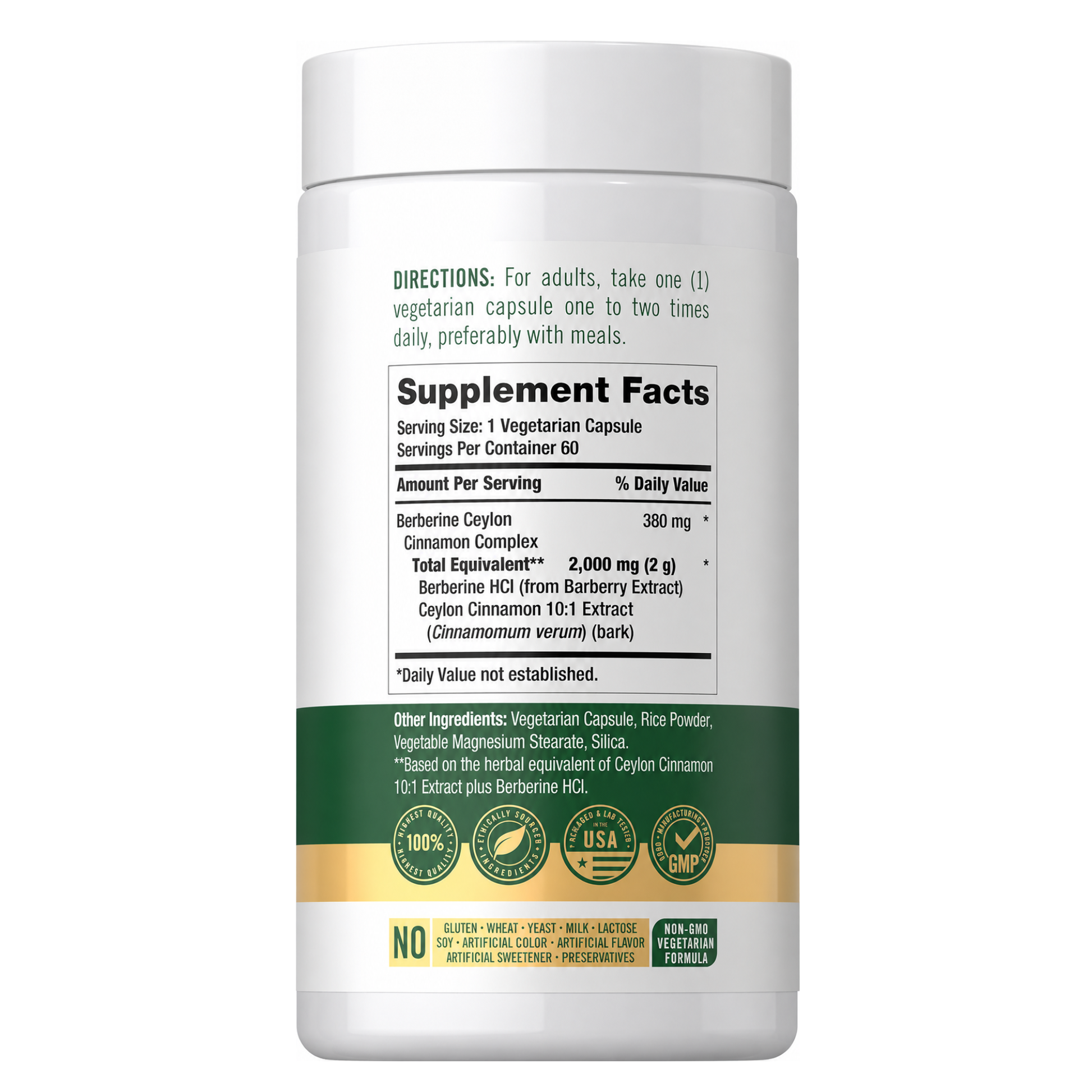 Etiqueta Carlyle Berberine & Ceylon Cinnamon con instrucciones de uso y supplement facts