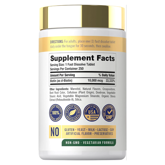 Biotina Carlyle 10000 mcg Fast Dissolve 250 tabletas sabor natural frutos rojos en Costa Rica componentes