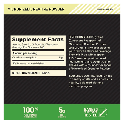 Creatina micronizada en polvo Optimum Nutrition sin sabor 240 servicios