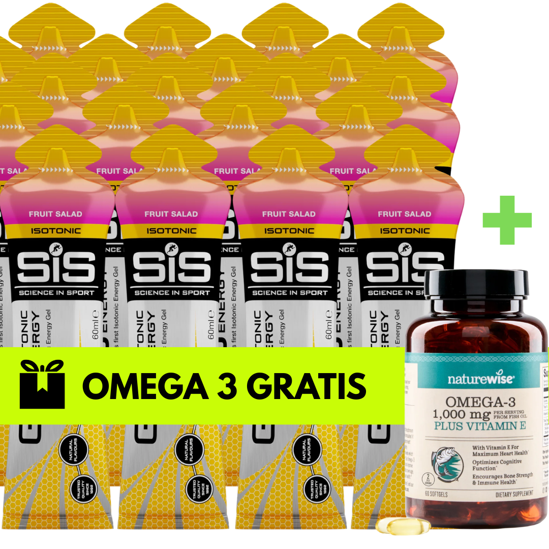 Geles SIS GO Isotonic sabor Fruit Salad en pack de 20 con Omega 3 gratis para corredores y ciclistas