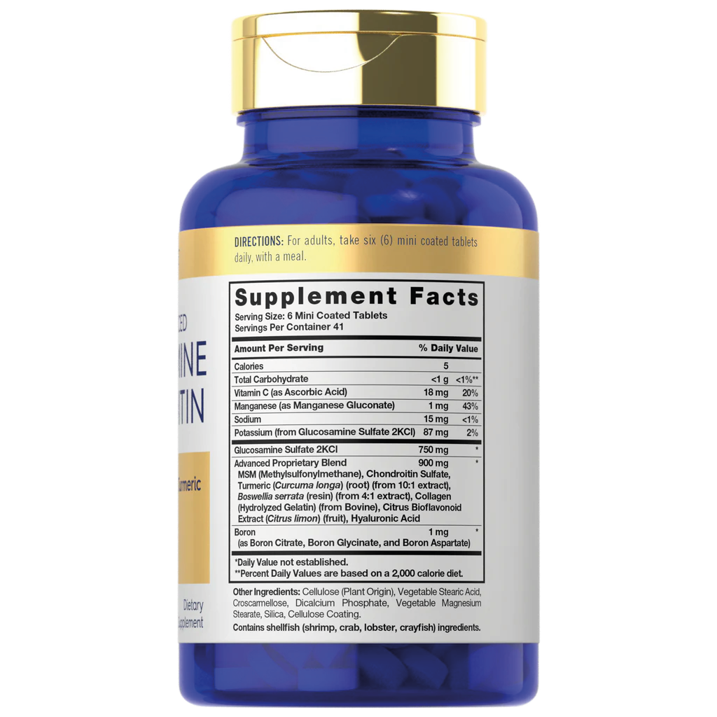 Frasco de glucosamina condroitina advanced Carlyle con MSM cúrcuma colágeno y ácido hialurónico