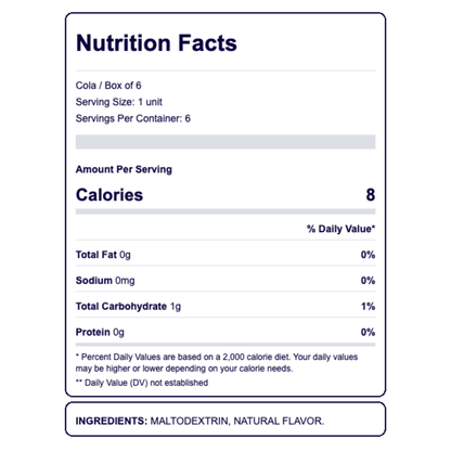 Maurten Additions Cola caja de 6 sobres saborizantes para Drink Mix y Gel Mix 480 en Costa Rica, tabla nutricional