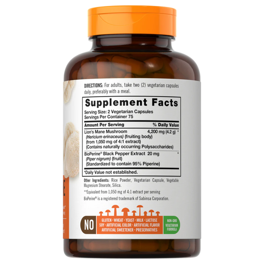 Melena de León Carlyle Lion’s Mane 4200 mg 150 cápsulas vegetarianas con BioPerine pimienta negra componentes