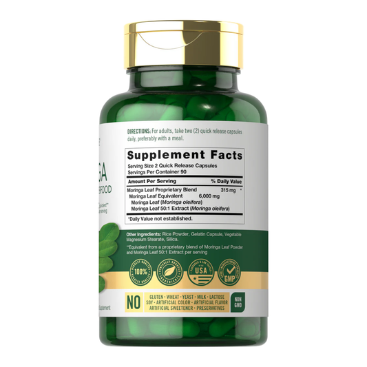 Etiqueta nutricional de Carlyle Moringa Complete Green Superfood 6000mg con información de suplemento, porción de 2 cápsulas y 90 porciones por envase.