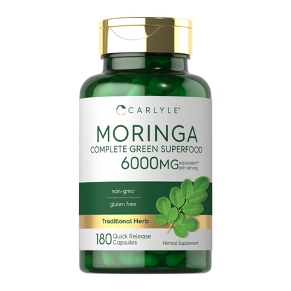 Frasco de Carlyle Moringa Complete Green Superfood 6000mg, suplemento herbal con 180 cápsulas de rápida liberación.