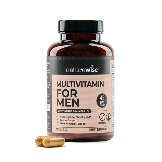 Frasco de NatureWise Multivitamin for Men, multivitamínico para hombre con 20 vitaminas y minerales, 90 cápsulas.