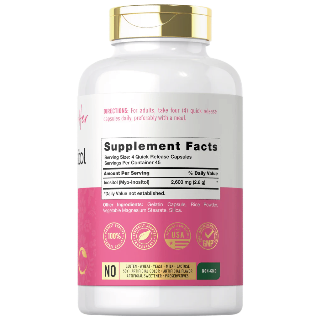 Frasco de Myo Inositol 2600 mg Carlyle con 180 cápsulas de liberación rápida