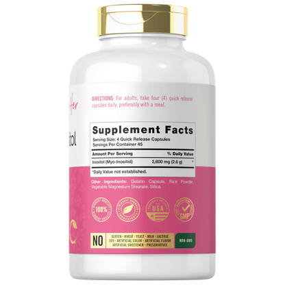 Frasco de Myo Inositol 2600 mg Carlyle con 180 cápsulas de liberación rápida