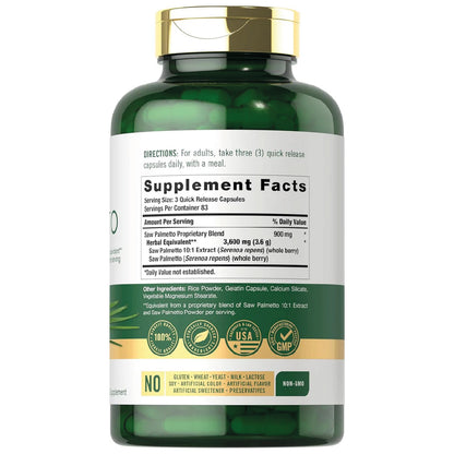 Frasco de Saw Palmetto 3600mg Carlyle cápsulas para salud masculina y apoyo prostático
