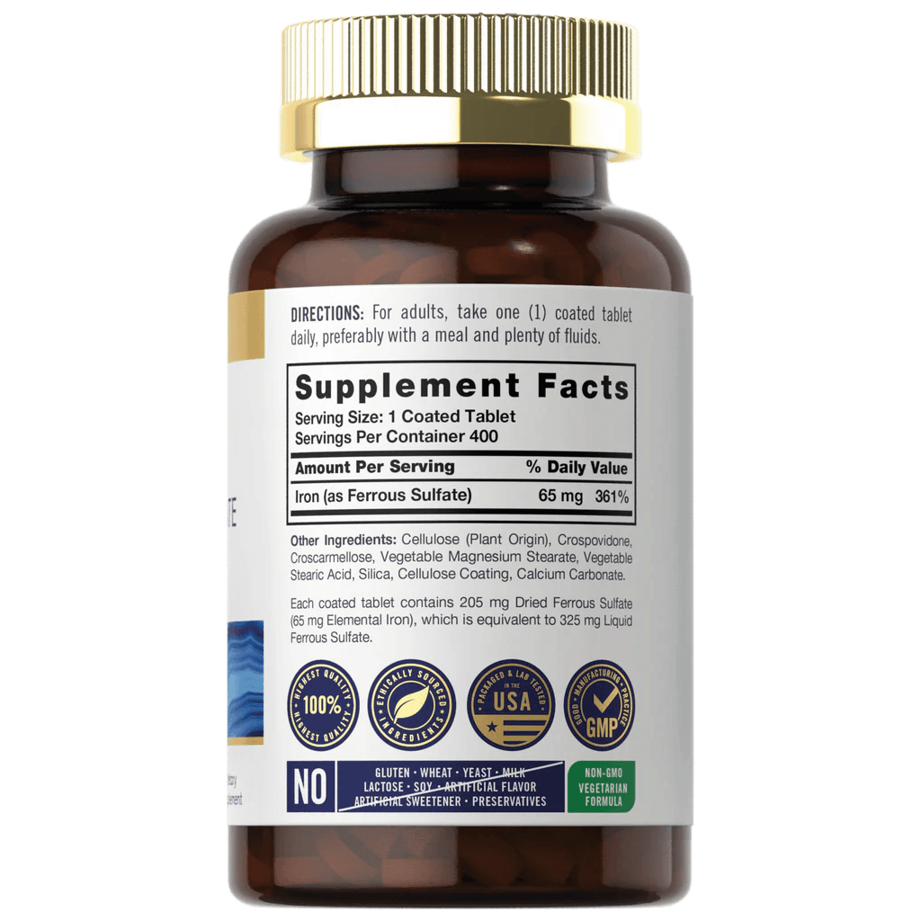 Frasco de suplemento de hierro Carlyle 65 mg sulfato ferroso 400 tabletas