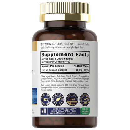 Frasco de suplemento de hierro Carlyle 65 mg sulfato ferroso 400 tabletas