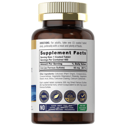 Frasco de suplemento de hierro Carlyle 65 mg sulfato ferroso 400 tabletas