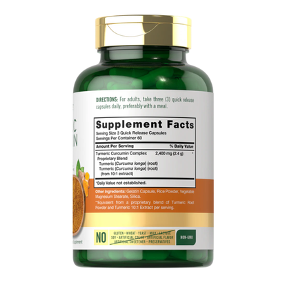 Etiqueta nutricional de Carlyle Turmeric Curcumin Complex 2400mg con información de suplemento, porción de 3 cápsulas y 60 porciones por envase.