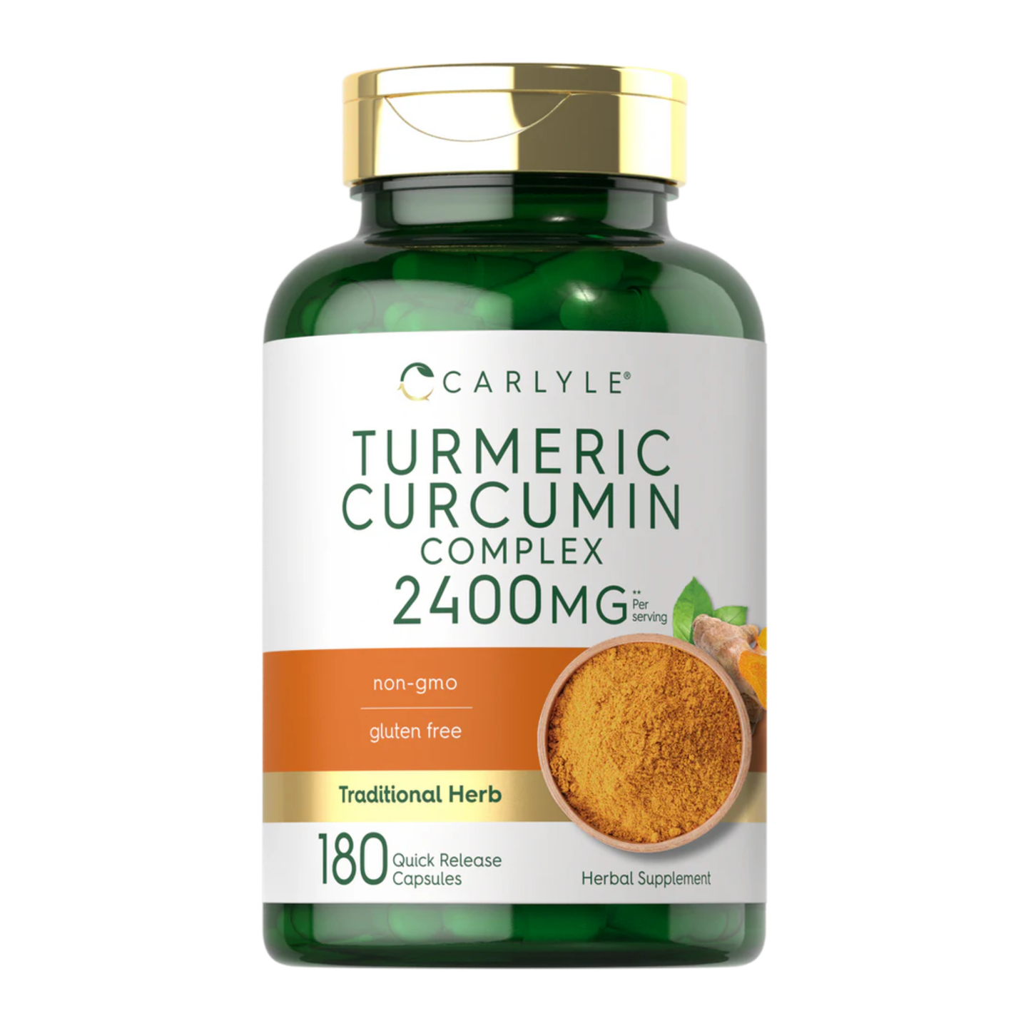 Frasco de Carlyle Turmeric Curcumin Complex 2400mg, suplemento de cúrcuma con 180 cápsulas de rápida liberación.